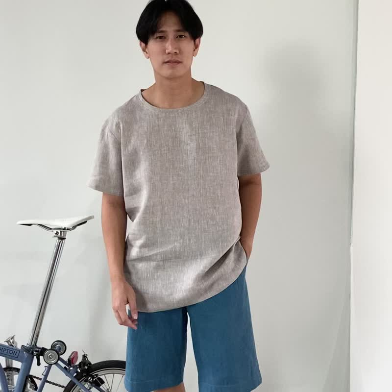 Blue &amp; J Natural Linen Crew Neck Shirt - Light Grey - 男装衬衫 - 亚麻 灰色