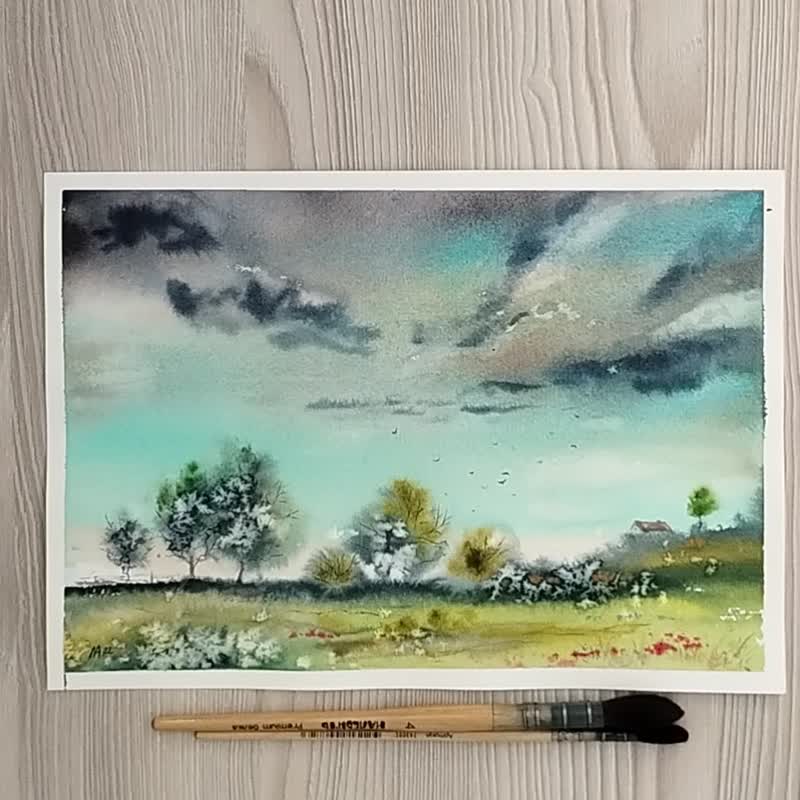 Summer Landscape Handmade Painting Rustic Original Watercolor Abstract Wall Art - 海报/装饰画/版画 - 纸 多色