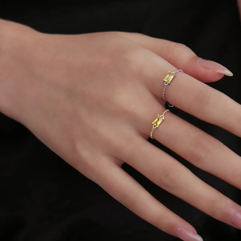 方形纯银锆石戒指链 - 戒指 - 纯银 金色