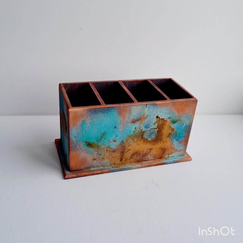 Wood remote control holder Art oxidized aged rustic old copper color remote box - 收纳用品 - 木头 咖啡色