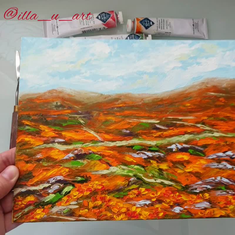 Poppy Painting Landscape Original Art Fields Artwork Floral Impasto Oil Painting - 海报/装饰画/版画 - 其他材质 多色