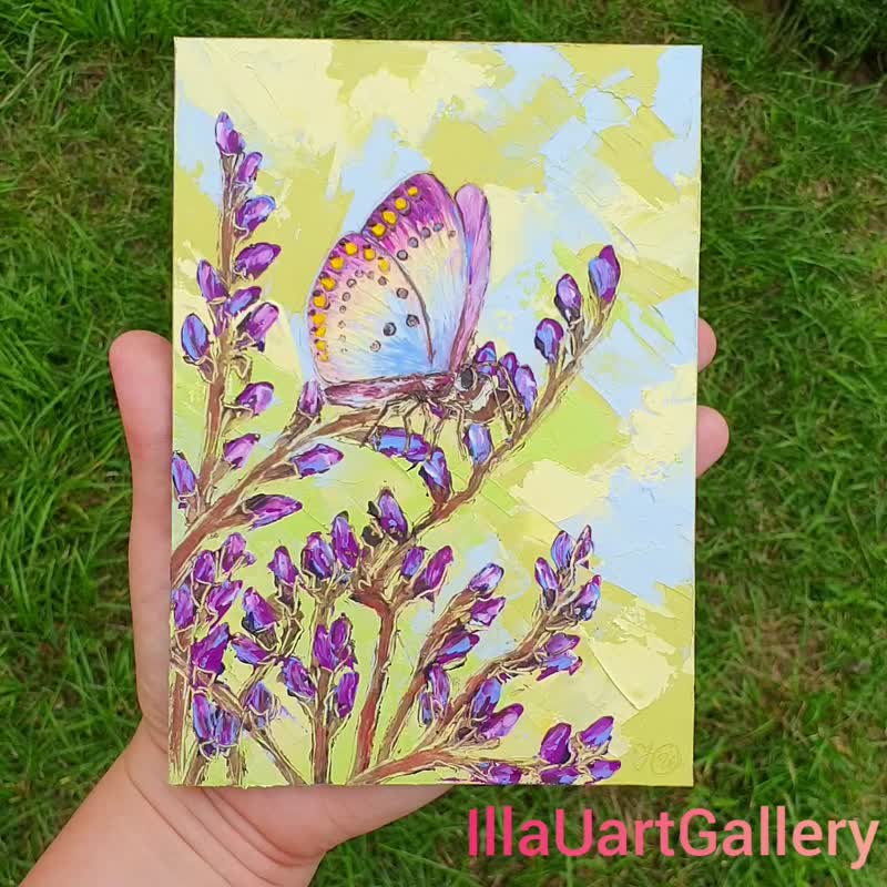 Lavender Painting Butterfly Original Art Floral Wall Art Flower Painting Small - 海报/装饰画/版画 - 其他材质 多色