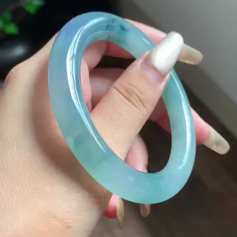 冰种翡翠天然翡翠玉镯 A玉手镯 玉鈪 • 冰种蓝紫飘花翡翠圆镯 - 手链/手环 - 玉石 蓝色