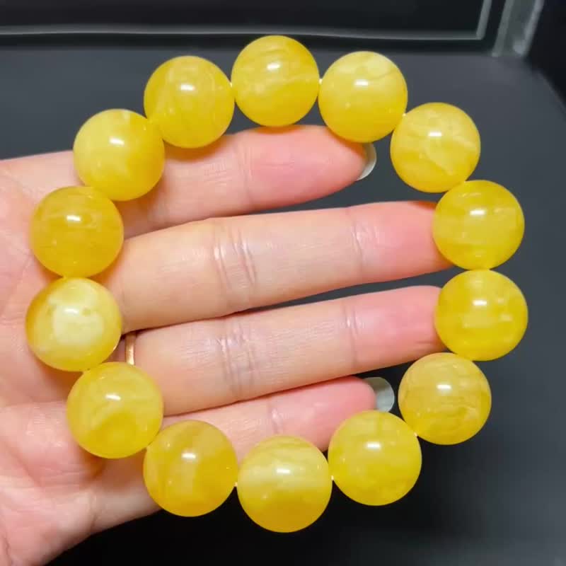 天然波罗的海蜜蜡圆珠手串 原矿无优化 俄料鸡油黄飘白花 - 手链/手环 - 水晶 