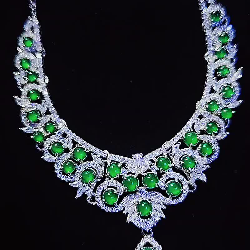 结婚 送礼|奢华女神|a货翡翠冰玻正绿蛋面4mm纯银镀18k豪华项链 - 项链 - 玉石 