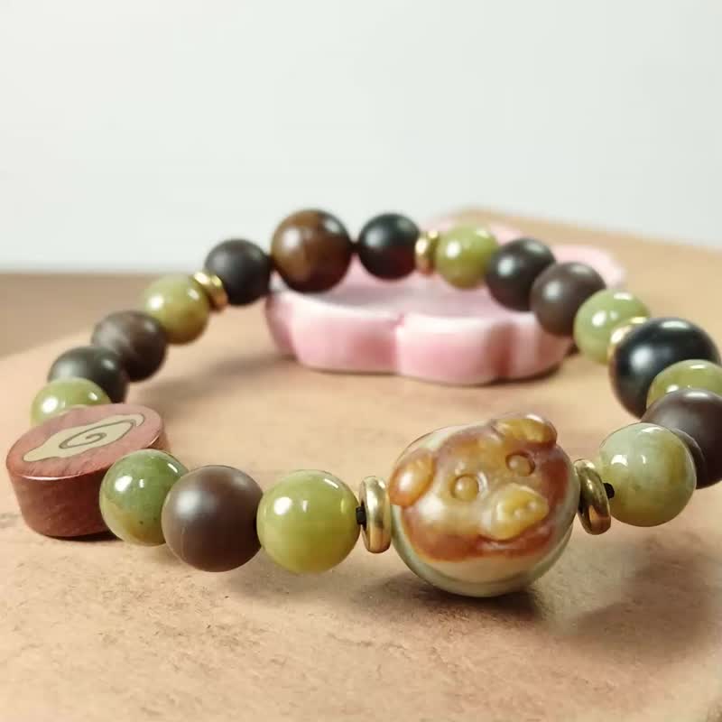 珠串雕刻手链 猪 红皮油青缅甸玉+木化玉/福气雾面把玩 - 手链/手环 - 玉石 卡其色