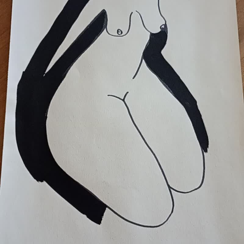 裸体抽象绘画 - 艺术坐像、现代墙艺术、独特的礼物 - 海报/装饰画/版画 - 纸 银色