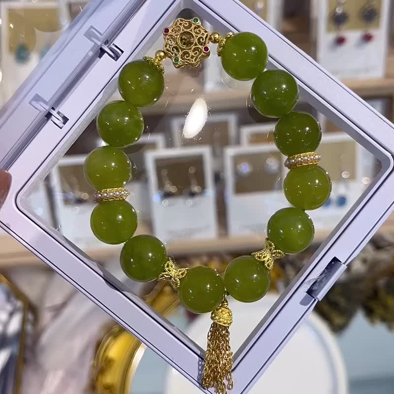 天然珠宝感绿碧玺中国感轻奢华青提奶盖设计款手珠 - 手链/手环 - 半宝石 绿色