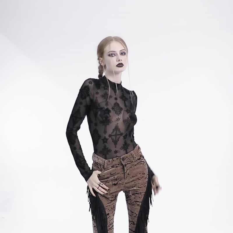 圣色伽利黑魔法十字架刺绣上衣 - 基本款 / 刺绣款 - 女装 T 恤 - 其他材质 黑色