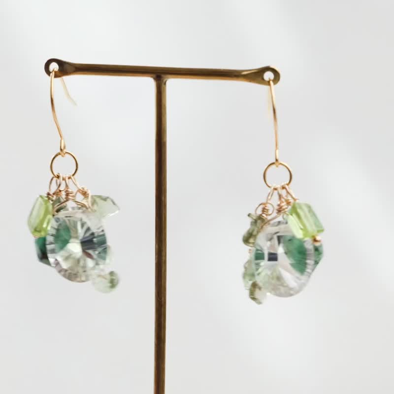 翠绿碧玺 摩尔达维石 祖母绿 橄榄石 耳环 夹式耳环 - 耳环/耳夹 - 半宝石 绿色