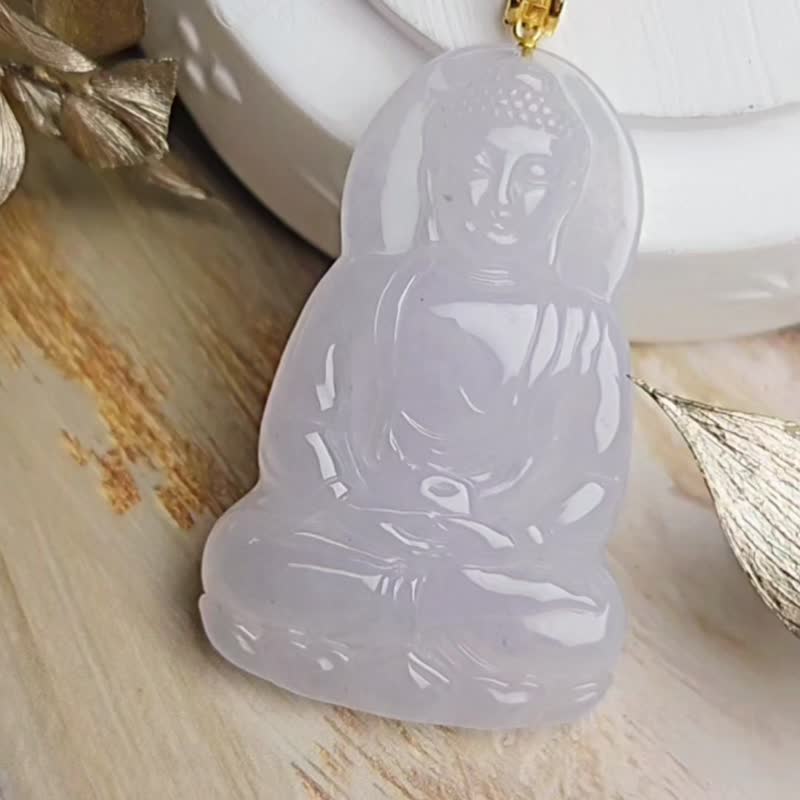 贵人•智慧•挡灾|纯18k金冰胶淡粉紫释迦牟尼佛|缅甸A货翡翠吊坠 - 项链 - 玉石 