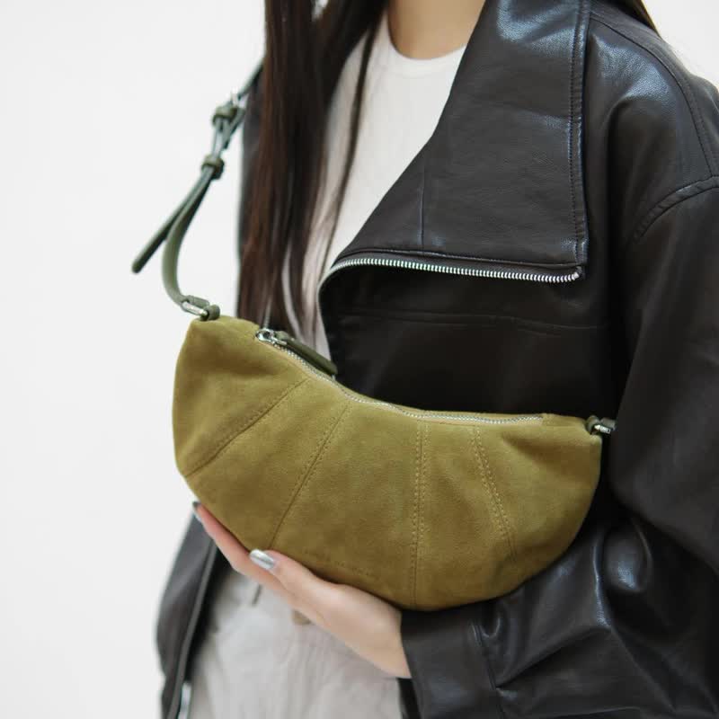 sobag简约麂皮高级单肩斜挎半月牛角可颂包女复古通勤腋下月牙包 - 侧背包/斜挎包 - 真皮 绿色