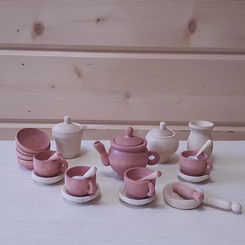 Wooden Toy Dishes Toddler Tea Set Wooden play kitchen Rainbow stacking toy - 玩具/玩偶 - 木头 粉红色
