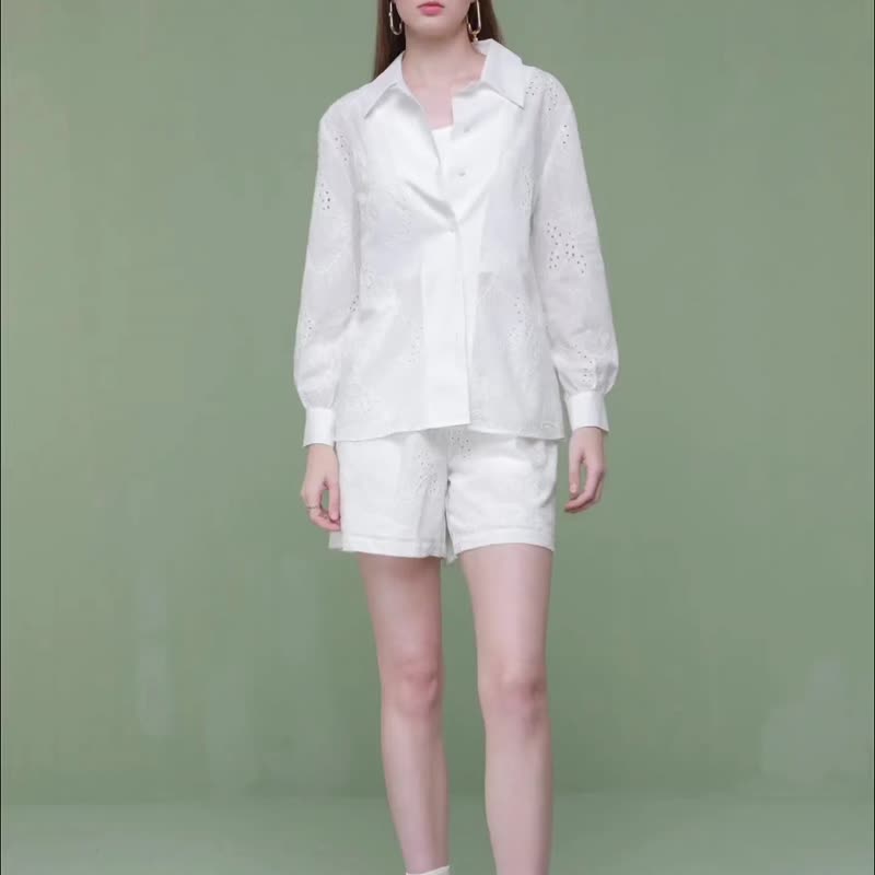 法式云朵白棉质重工蕾丝镂空绣花翻领衬衫 - 女装衬衫 - 棉 白色