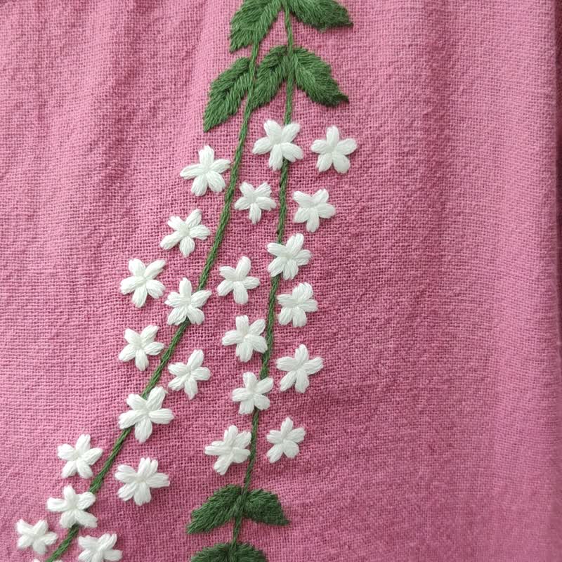 Pink Flourish - 刺绣花朵粉色中长洋装 - 洋装/连衣裙 - 棉．麻 粉红色