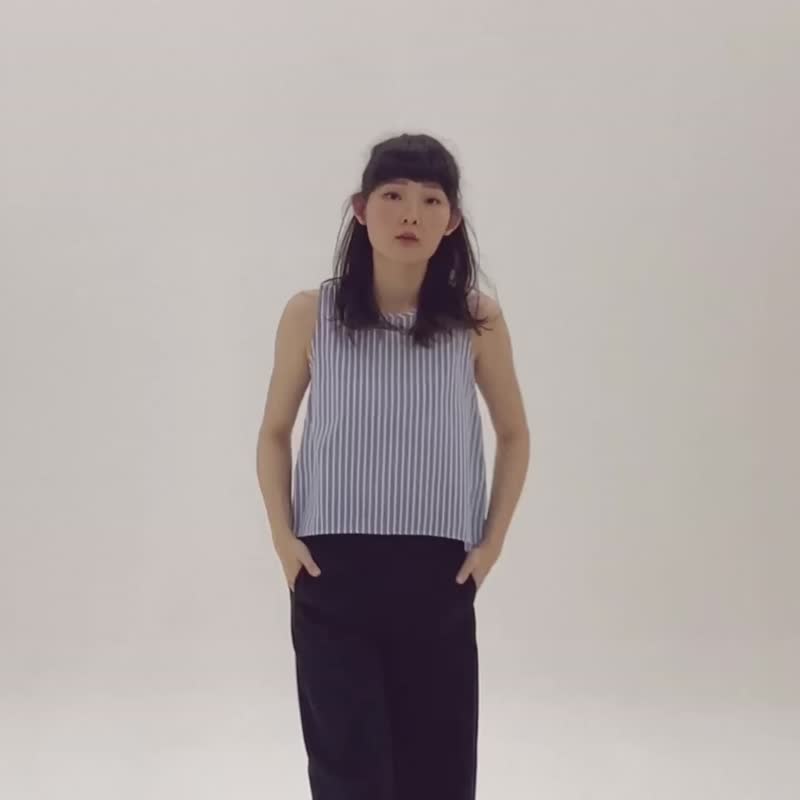 Linen Baby Cropped TANK TOP - Stripe Blue - 女装上衣 - 亚麻 蓝色