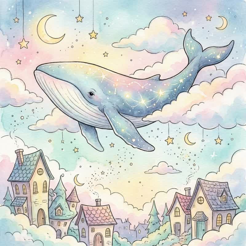 星空下的梦 艺术微喷 疗愈鲸鱼童话插画 儿童房空间布置意境挂画 - 海报/装饰画/版画 - 棉 