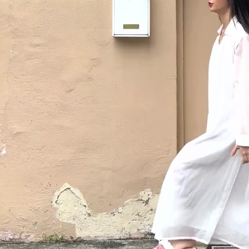 白薄棉领抽皱洋装 - 洋装/连衣裙 - 棉．麻 白色