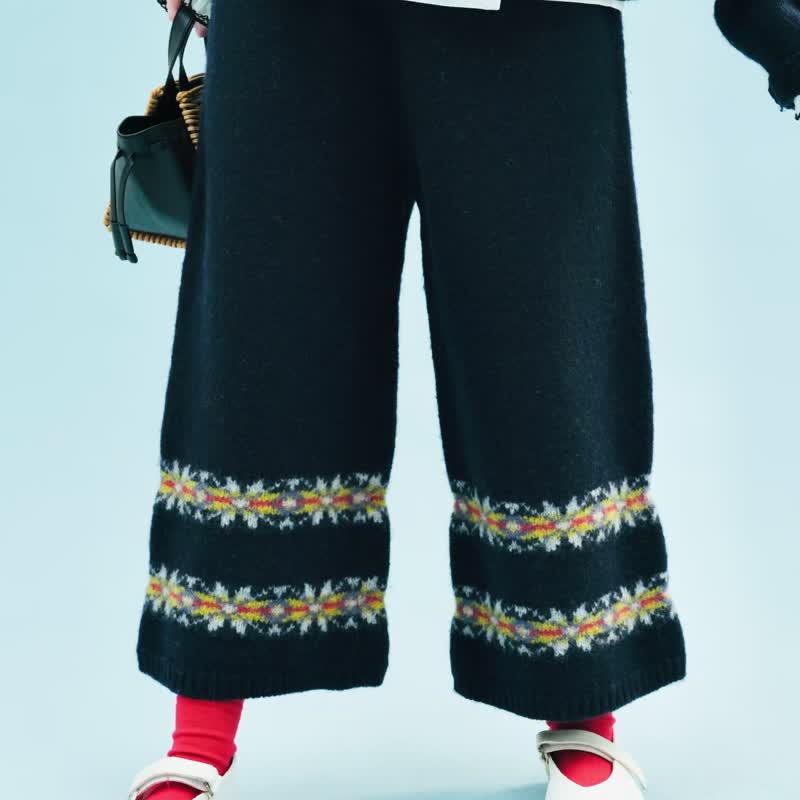 复古花蓝色纯羊毛粗针织裤子 - 女装长裤 - 羊毛 蓝色