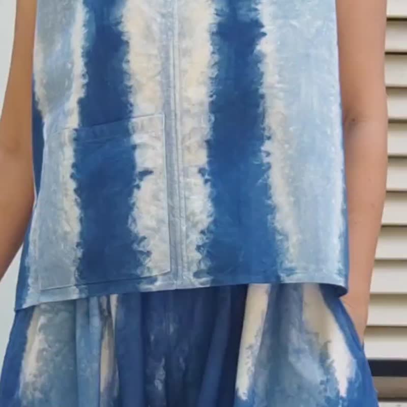 Jinda Top F - 靛蓝色无袖简约风格上衣 - 女装上衣 - 棉 蓝色