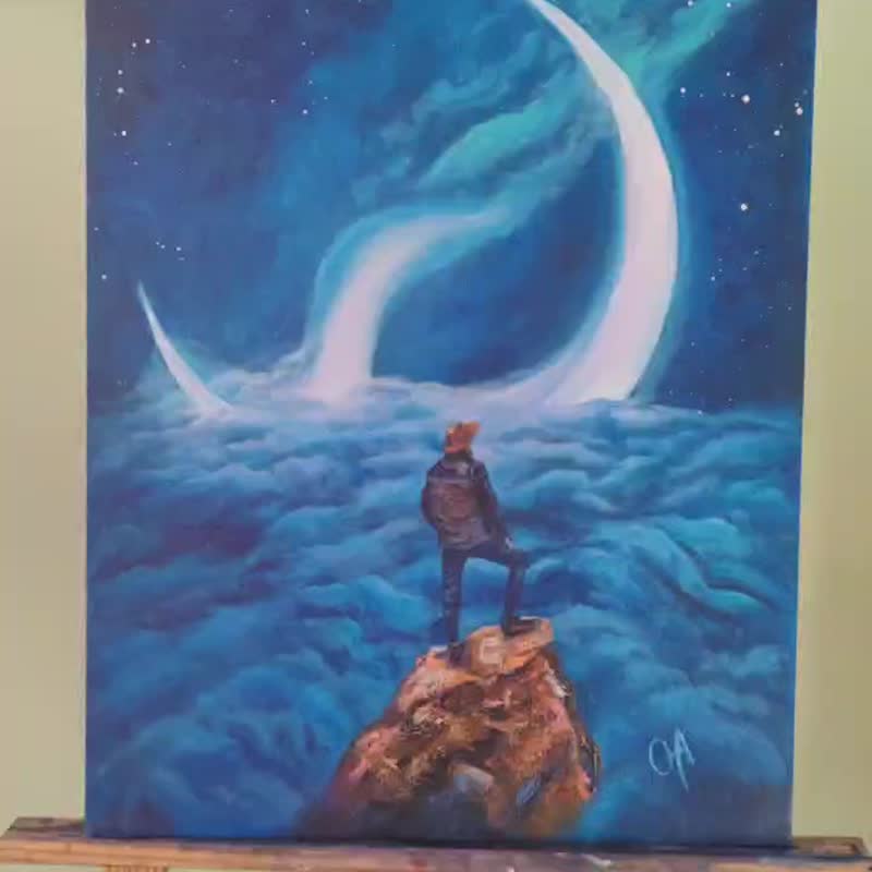 原創油畫。一幅超現實的畫面。岩石上的一個人。星夜。 - 海报/装饰画/版画 - 棉 蓝色