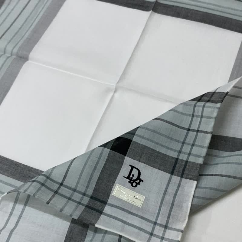 全新附吊牌 复古 Christian Dior 蓝灰色格纹纯棉手帕 口袋巾 - 手帕/方巾 - 棉 灰色