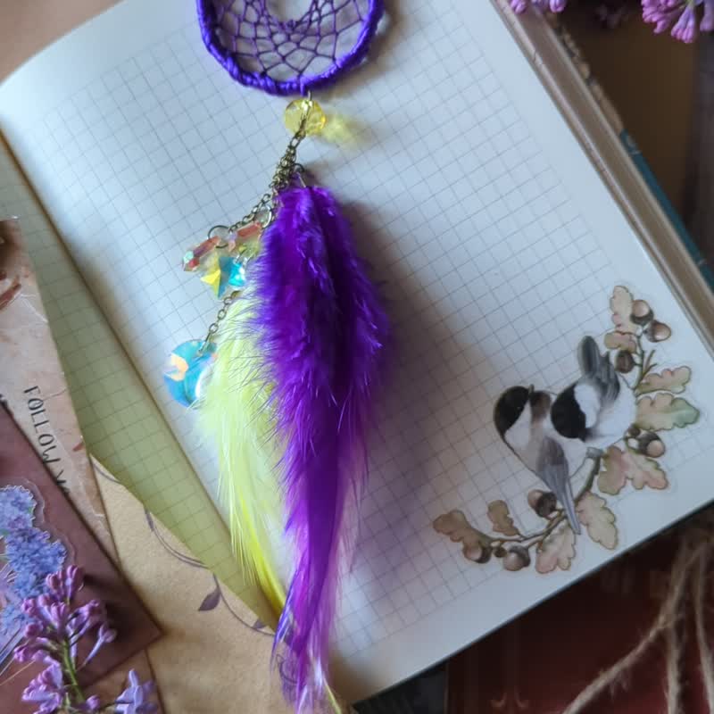 Purple Yellow Car Rear View Mirror Dreamcatcher Charm - Small Dream Catcher Car - 墙贴/壁贴 - 玻璃 紫色