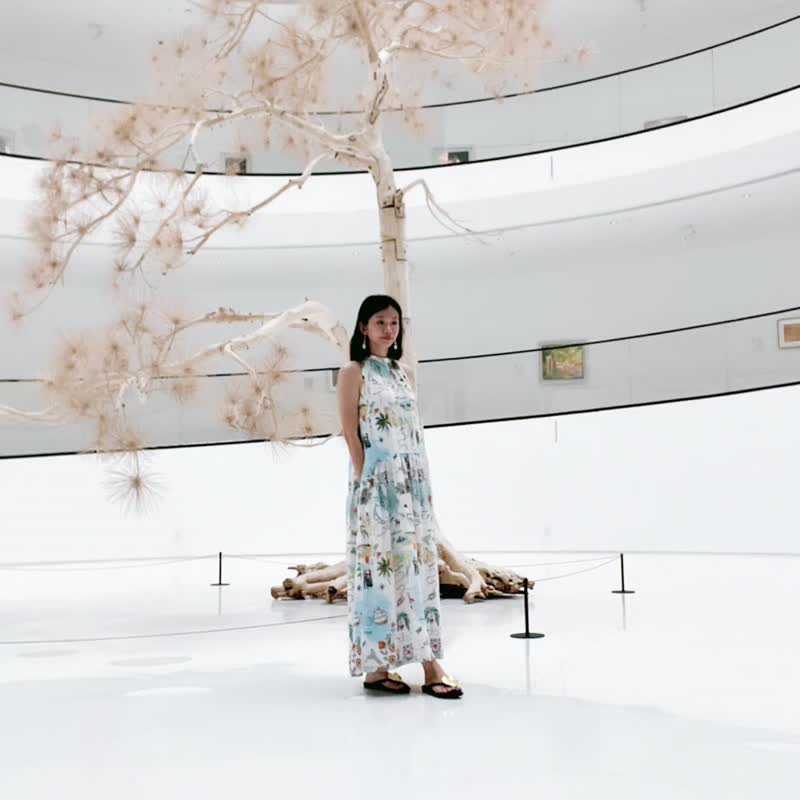 度假风立领挂脖A摆印花连衣裙 - 洋装/连衣裙 - 棉．麻 白色