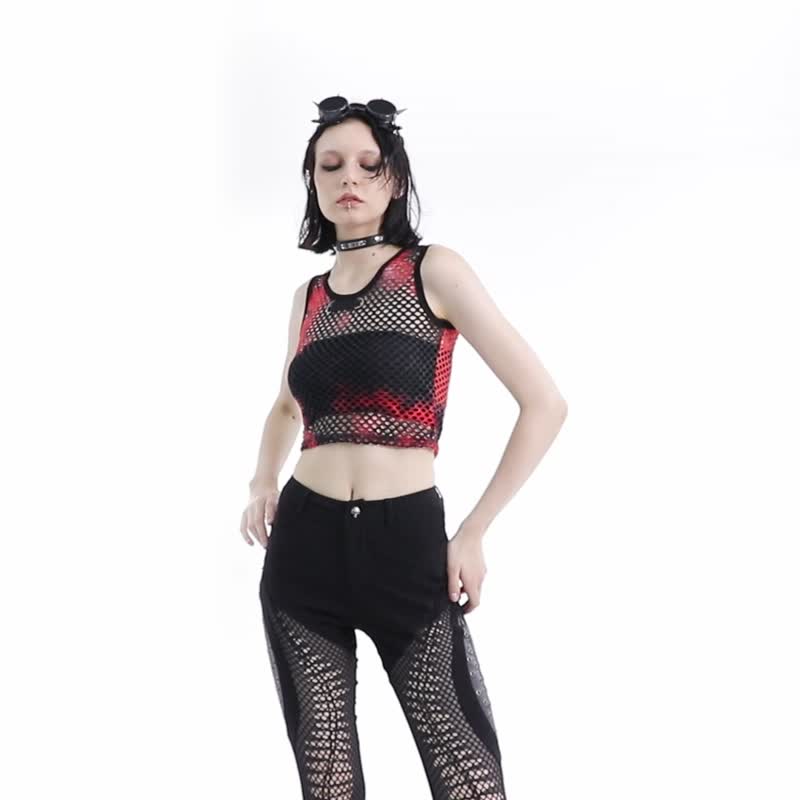 庞克萨满灵药扎染网格巫衣 - 红 / 蓝 / 黑 / 背心 / 露肩上衣 - 女装 T 恤 - 其他材质 红色