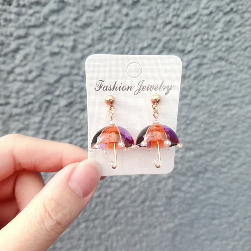 万圣节 925银 耳环 耳针 耳夹 日系 韩系 雨伞 可爱 手作 紫橘黑 - 耳环/耳夹 - 树脂 紫色