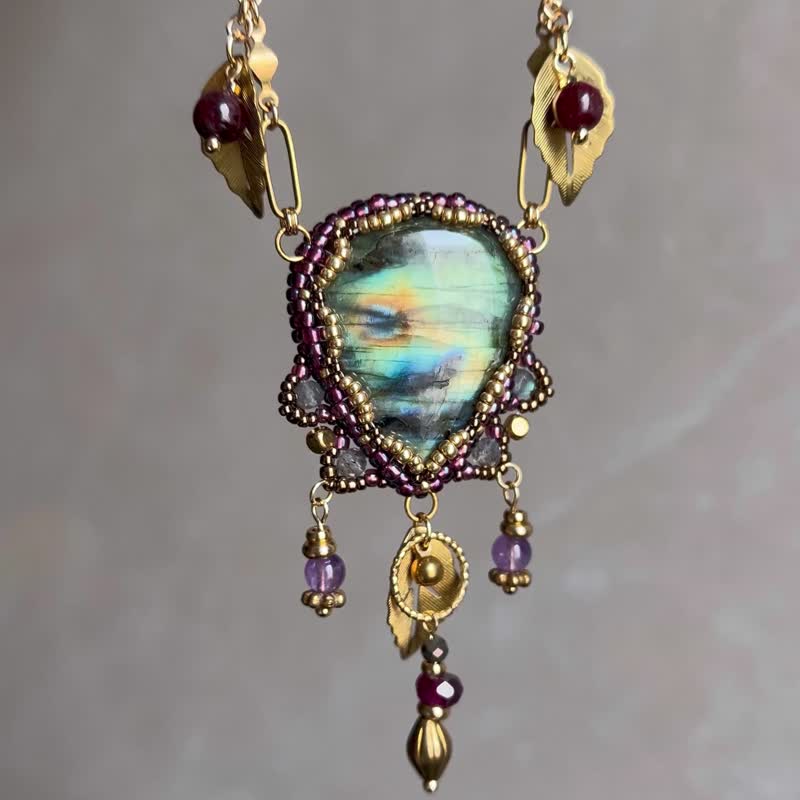 拉长石 捕梦网 民族风 玻璃米珠 串珠吊坠 - 项链 - 水晶 紫色