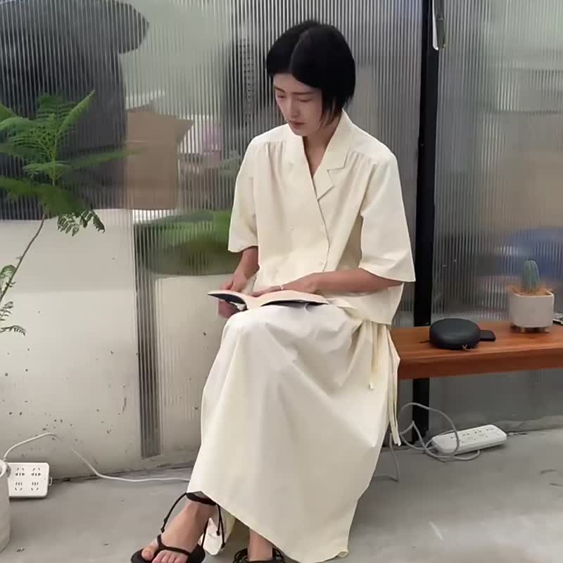 普鲁士蓝 4色 夏日显瘦的西装领双排扣褶皱衬衫 大码星友好 - 女装衬衫 - 棉 蓝色