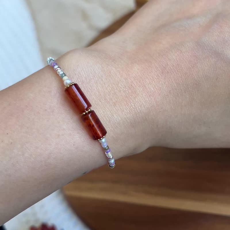 波罗的海 琥珀 玻璃米珠x天然石 珠珠手链 - 手链/手环 - 半宝石 红色