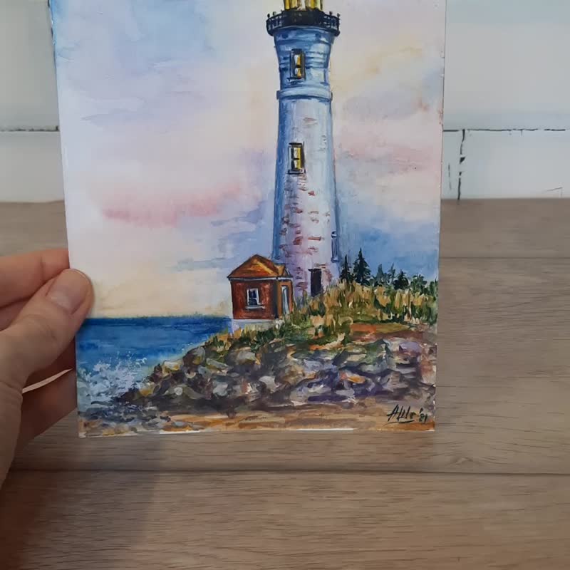 灯塔画原创水彩画日落天空艺术海景艺术 - 海报/装饰画/版画 - 纸 多色