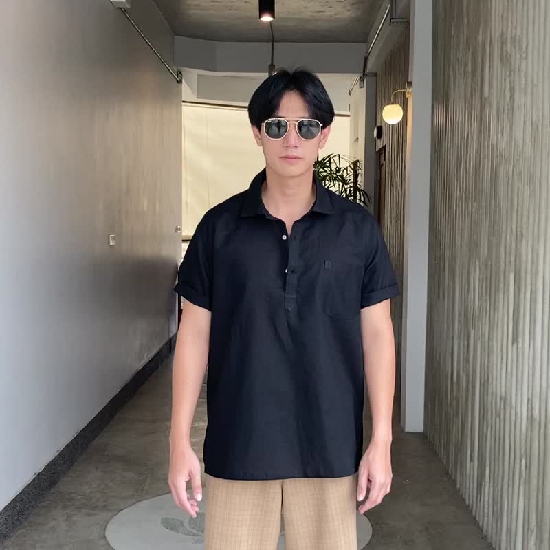 Blue & J 亚麻衬衫 极简风格 - 黑色 - 男装衬衫 - 亚麻 黑色