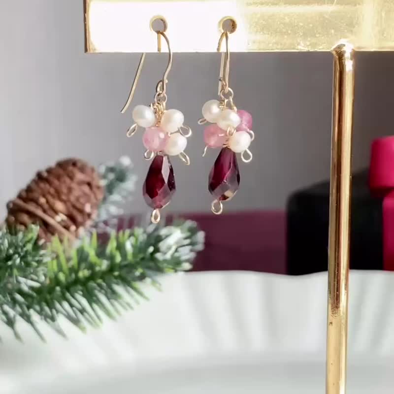 14KGF 石榴石 x 淡水珍珠 耳环 / 一月诞生石 / 耳夹 - 耳环/耳夹 - 宝石 红色