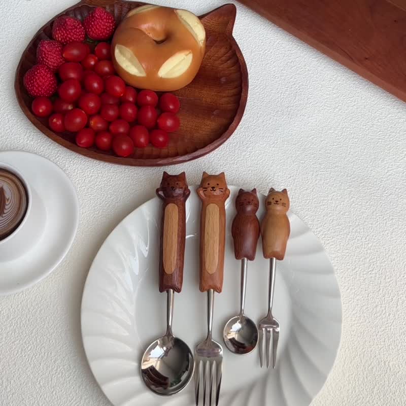 喵有型喵咪勺叉实木餐具套装甜品冰激凌汤饭勺子意面牛排水果叉子 - 餐刀/叉/匙组合 - 木头 咖啡色