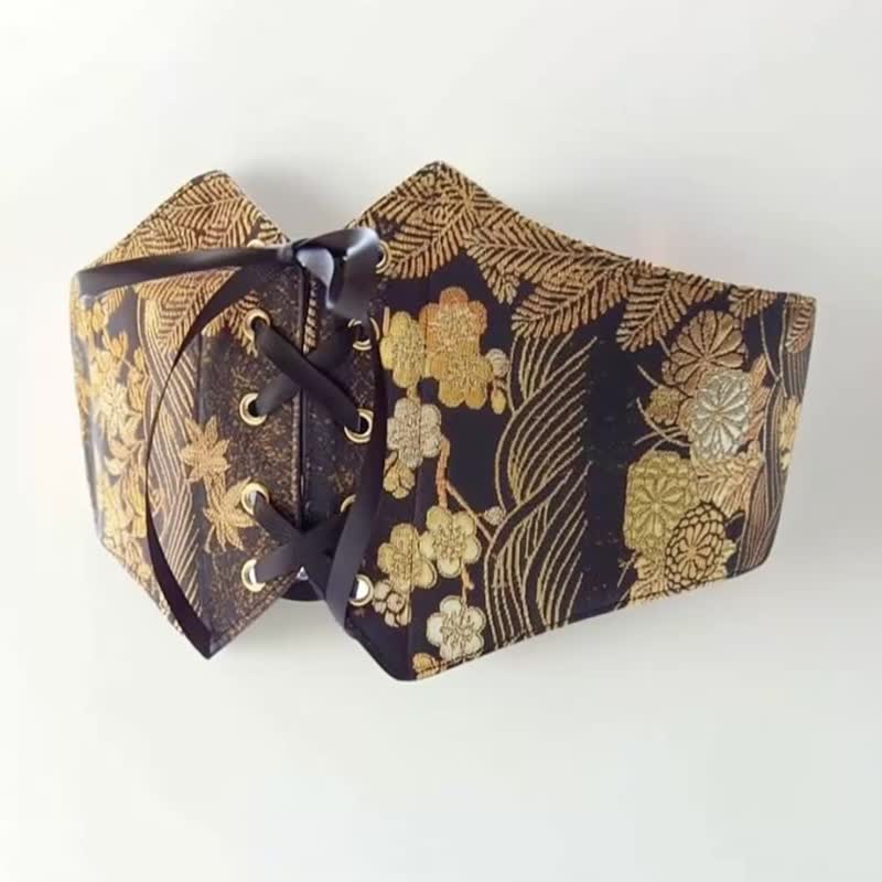 日本古董袋带改制束腰腰封, 丝绸和服带 Corset Belt 手工制作 SM - 皮带/腰带 - 丝．绢 灰色