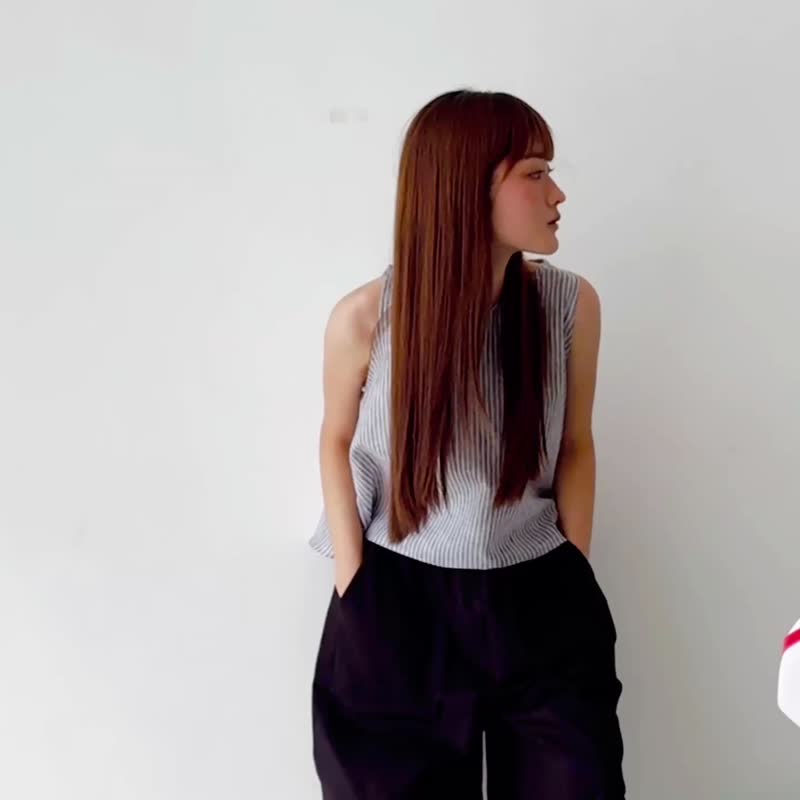 麻背心 - 灰色条纹 - 女装上衣 - 棉．麻 灰色