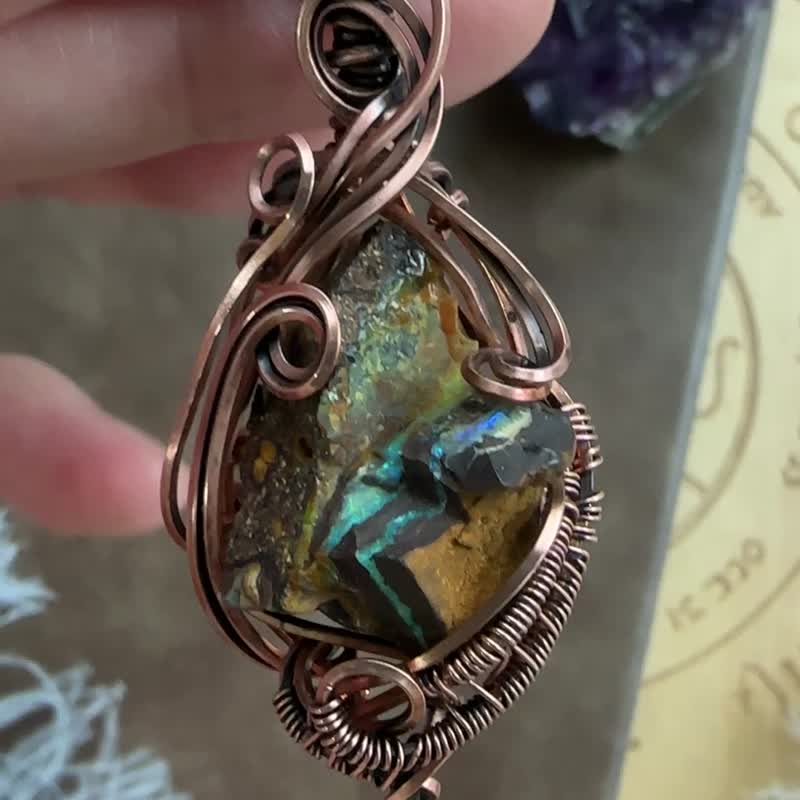 WW326 全手工编织 绕铜线复古做旧 wire wrap 铁矿石澳宝吊咀 - 项链 - 铜/黄铜 咖啡色