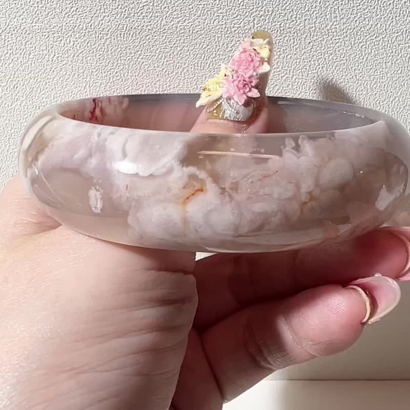 樱花玛瑙手镯 玛瑙手镯 冰烟紫底 油画风 盛开粉花 繁花正圈59 - 手链/手环 - 玉石 