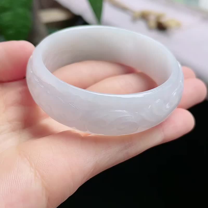 冰种 天然翡翠 缅甸 A玉 玉镯 • 糯冰种翡翠雕花镯 - 手链/手环 - 玉石 白色