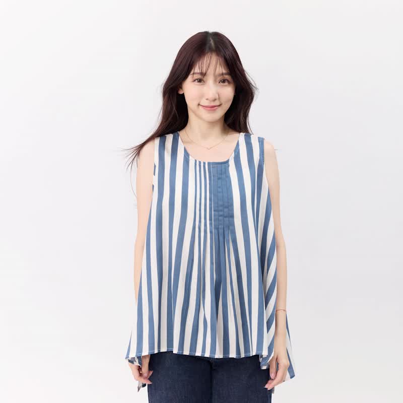 Coco无袖前折伞摆印花上衣 /藍白 - 女装背心 - 棉．麻 蓝色