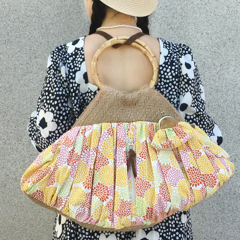 贝壳型竹节手提包手提袋 后背肩背 大容量购物袋 日本丸菊布 - 手提包/手提袋 - 棉 橘色