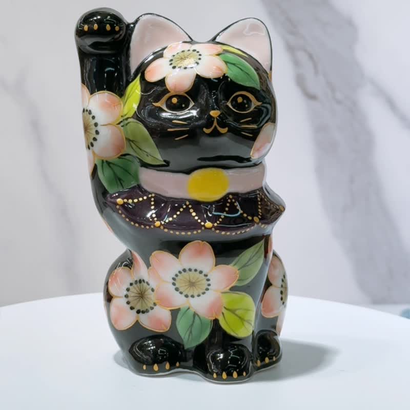 【晶墨迎祥】日本清水烧招财猫 | 色绘 - 黑地樱 - 摆饰 - 瓷 黑色