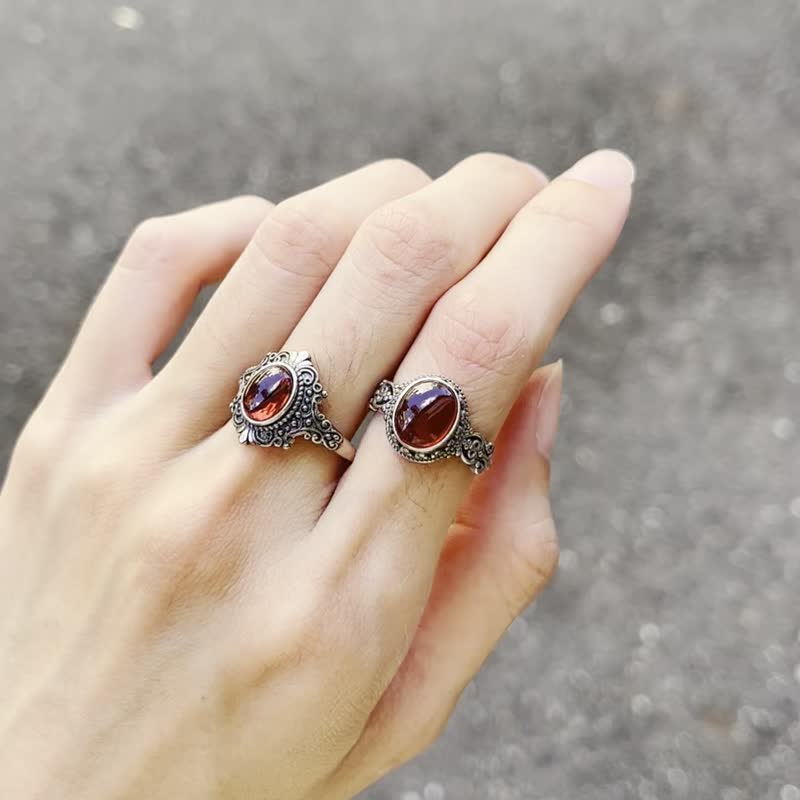 925银 喜迎瑶 红石榴石 红石榴 戒指 活口 可调式 手工银饰 复古 - 戒指 - 水晶 