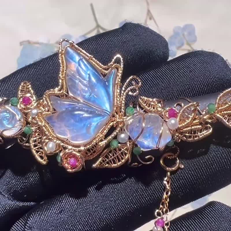 纯手工进口14K包金绕线蝶恋花宝石紫光檀木发簪 - 发饰 - 宝石 多色