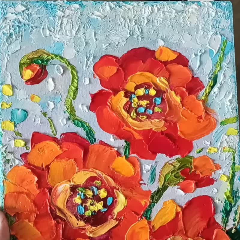 红色罂粟花绘画花卉原创艺术厚涂油画布 24x18 厘米 - 海报/装饰画/版画 - 其他材质 红色