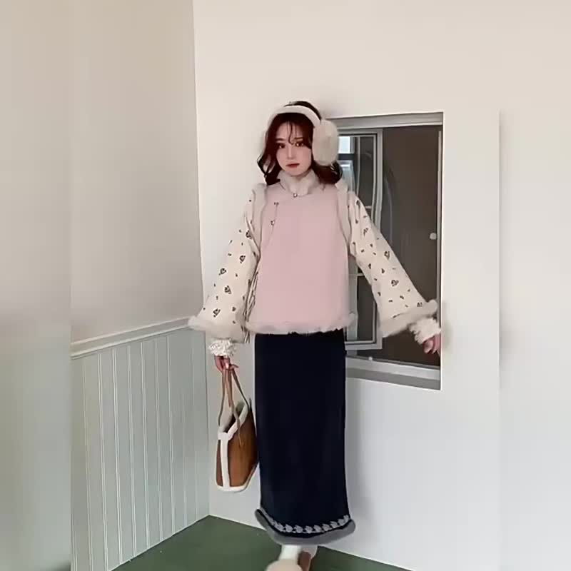 粉色夾棉 秋冬保暖假兩件夾棉漢服馬甲 毛絨上衣 新中式春節戰袍 - 洋装/连衣裙 - 聚酯纤维 粉红色