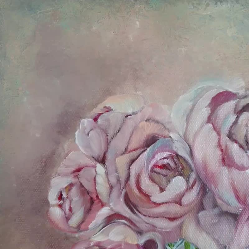Rose Painting Pearl Original Art Floral Wall Art Flower Oil Painting Canvas Art - 海报/装饰画/版画 - 棉 粉红色